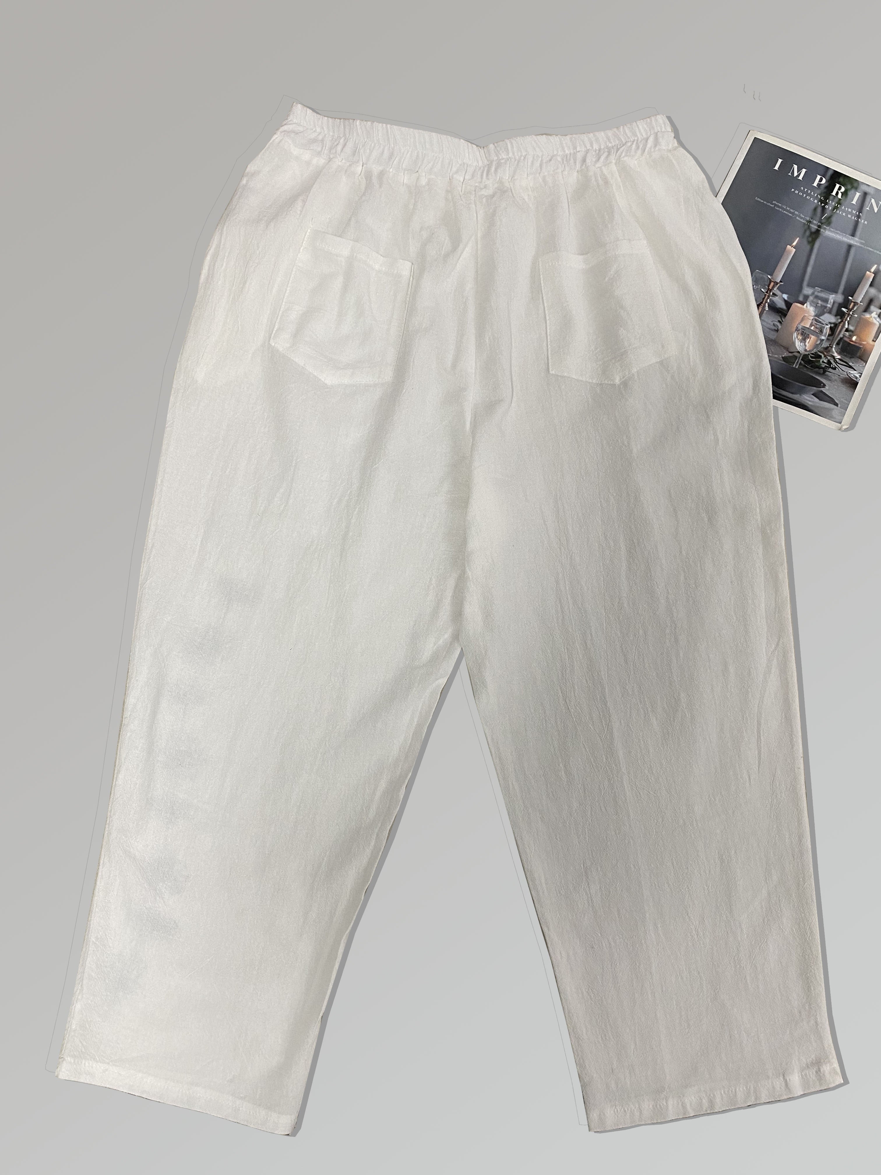 Women's White Casual Pants Lucound Fit Elastic Waist Dandelion Print