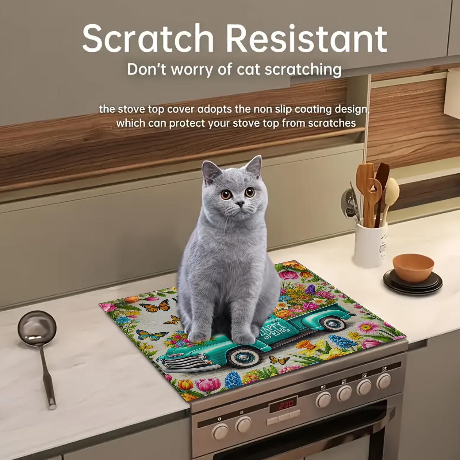 Yorqin bahor gullari va yuk mashinasining naqshli pech qopqogʻi mato, sirpanishga qarshi, polyester oshxona himoyachisi