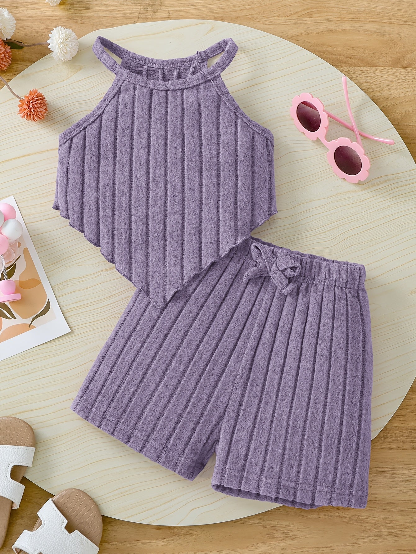 Летний комплект для девочек включает топ-корсет и фиолетовые шорты из трикотажной ткани, моется в машине, подходит для активного отдыха