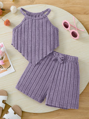 Летний комплект для девочек включает топ-корсет и фиолетовые шорты из трикотажной ткани, моется в машине, подходит для активного отдыха