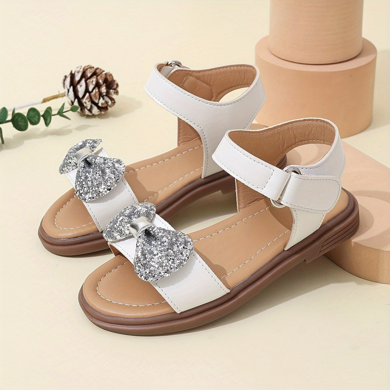 Girls White Roman Sandals with Bowknot Rhinestones for Summer Casual Beach