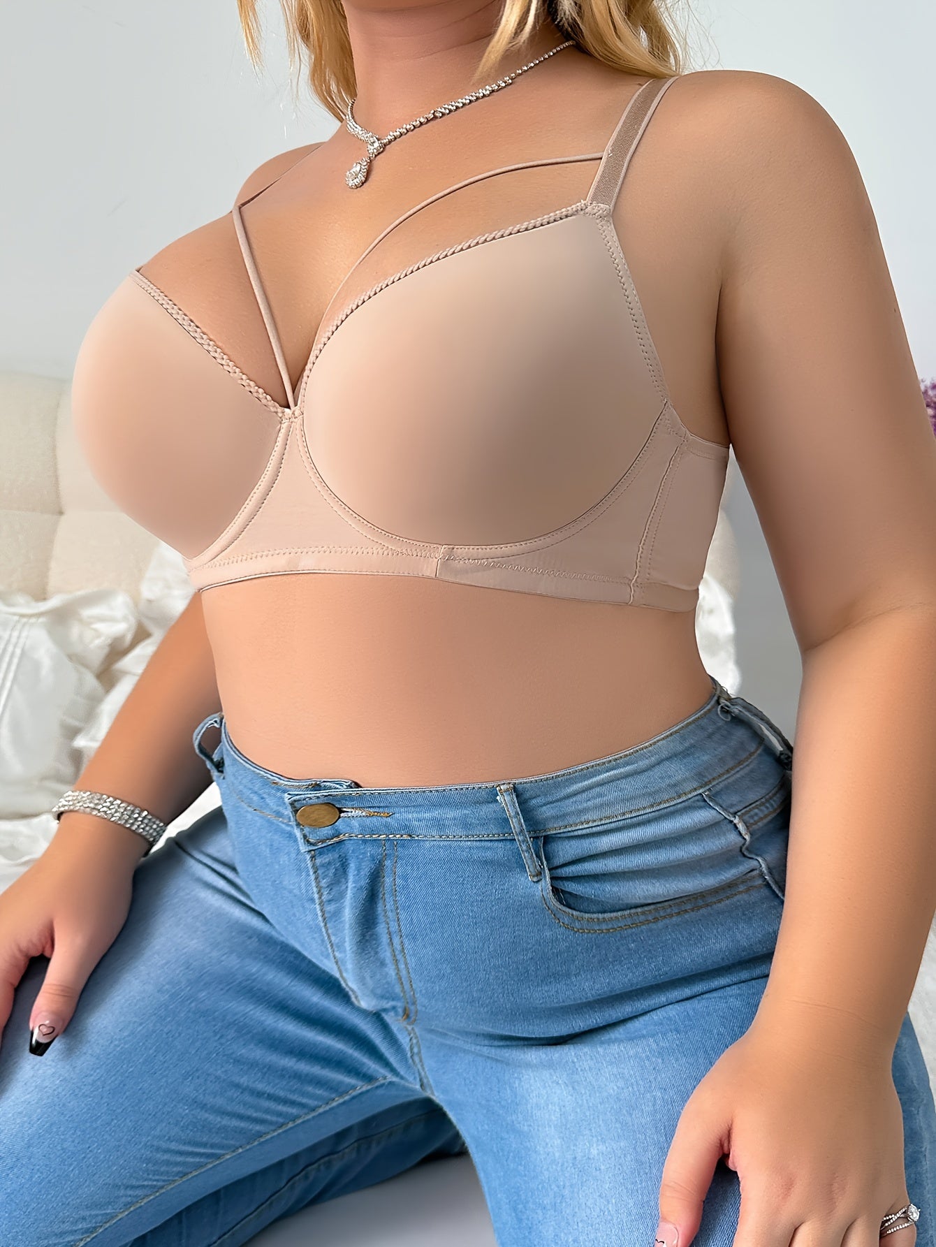 Plus Size Beige Push-Up Bra with Underwire Support and Breathable Nylon Blend