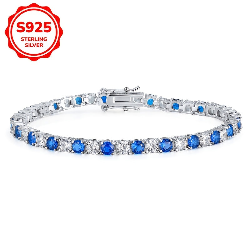 Women's Sterling Silver Tennis Bracelet with Blue and White Cubic Zirconia for Daily and Party Wear