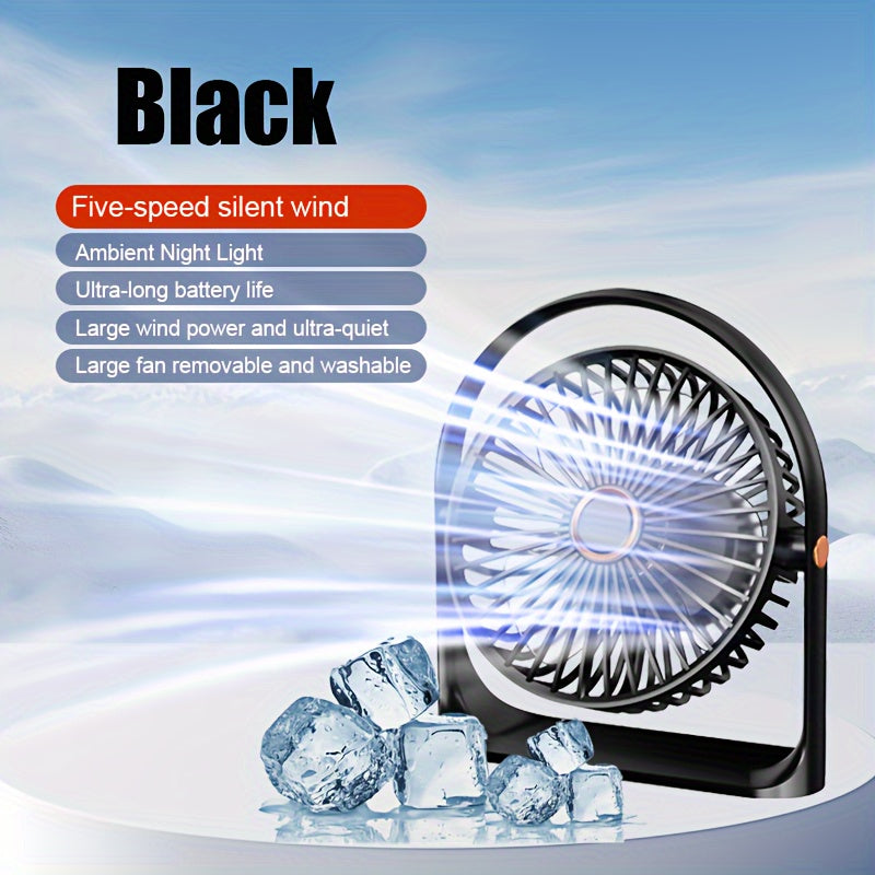 Rechargeable Portable USB Desk Fan with LED Night Light, 5 Speeds, Quiet Operation