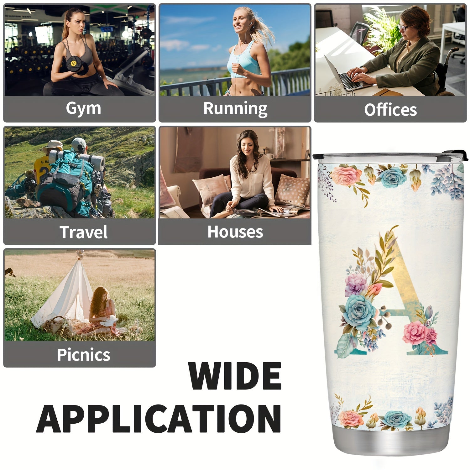 20oz Stainless Steel Tumbler with Monogram Floral Design Leak Proof Lid for Outdoor Use