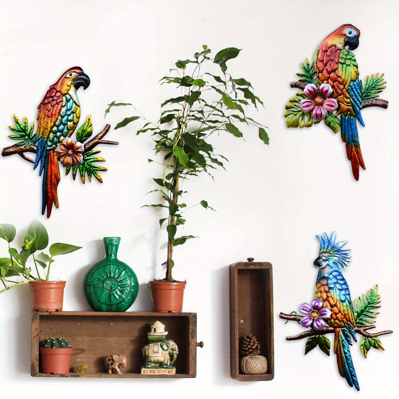 Set of 3 Metal Parrot Tropical Wall Art Decor for Indoor and Outdoor Use