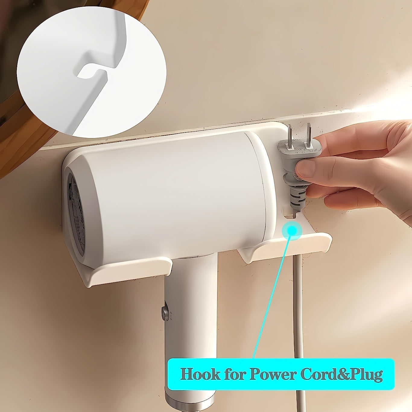 Soporte de secador de pelo de pared con gancho para enchufe para organizar herramientas de peinado