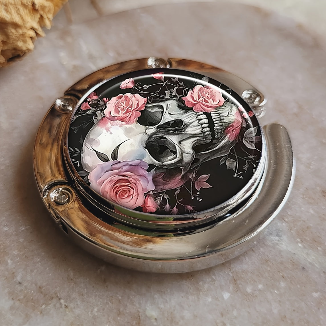 Foldable Handbag Hanger with Floral Sugar Skull Design Zinc Alloy Purse Hook