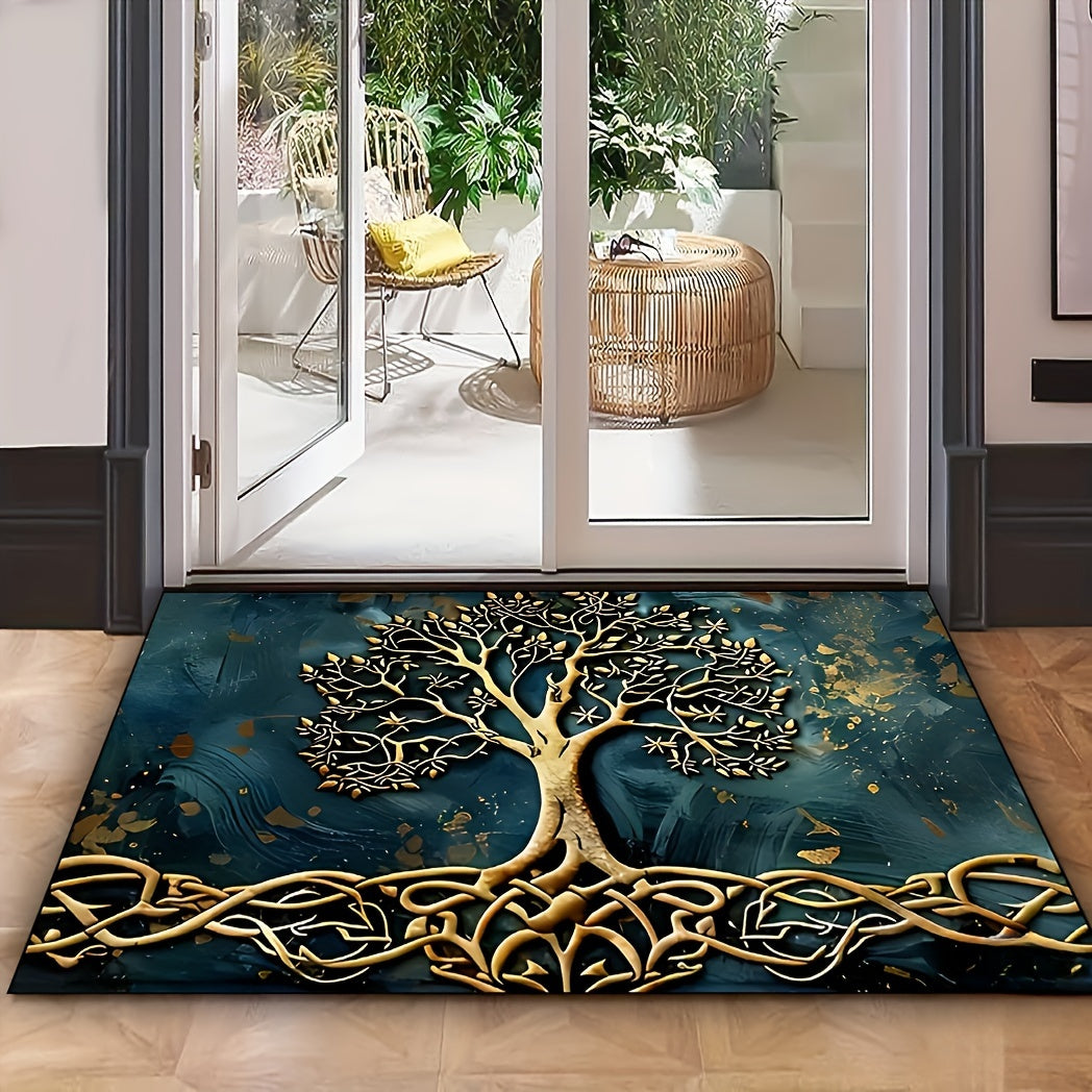 Alfombra de bienvenida con patrón de árbol de la vida, tela de terciopelo cristalino antideslizante, lavable, rectangular, para entrada, hogar, jardín, patio