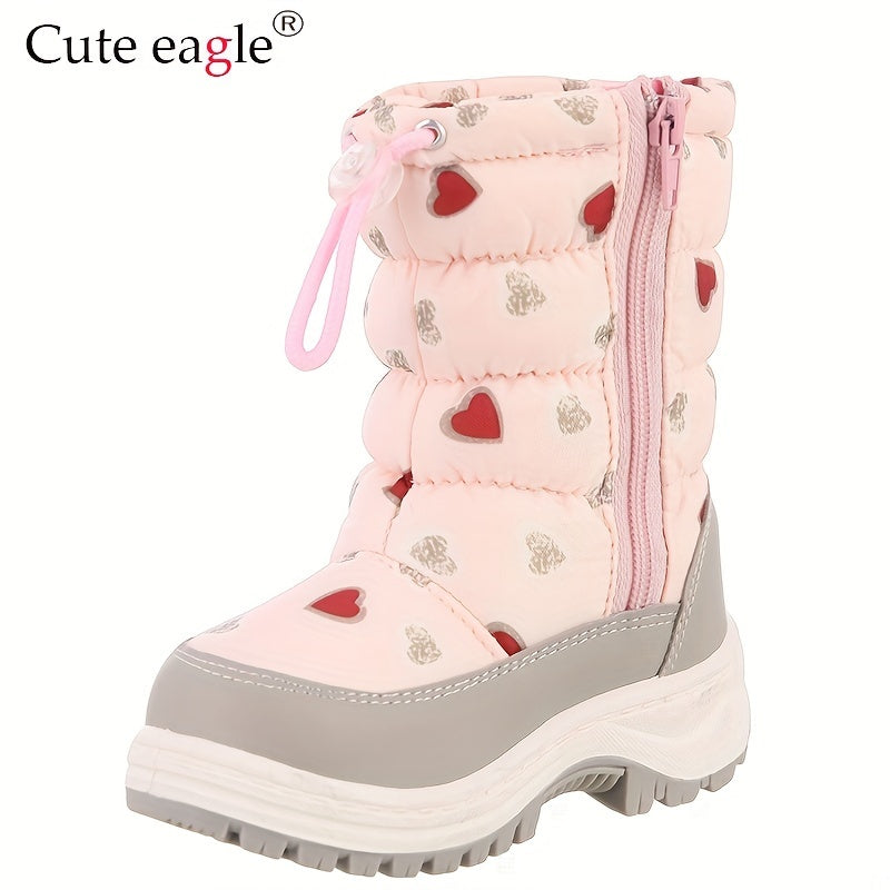 Girls Winter Snow Boots Pink Heart Pattern Fur-Lined Zipper Anti-Slip TPR Sole