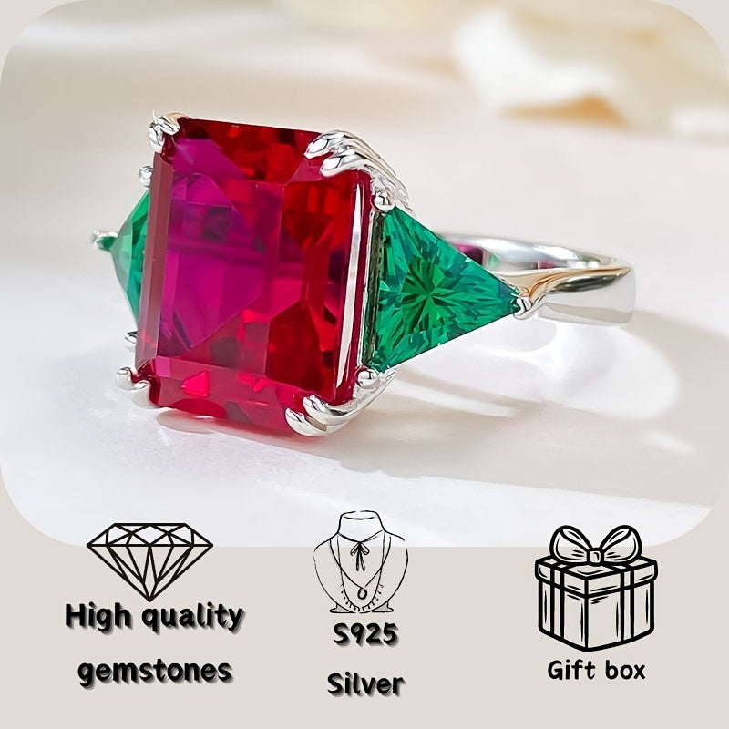 Sterling Silver Ring with Green Gemstones and Synthetic Stones for Women