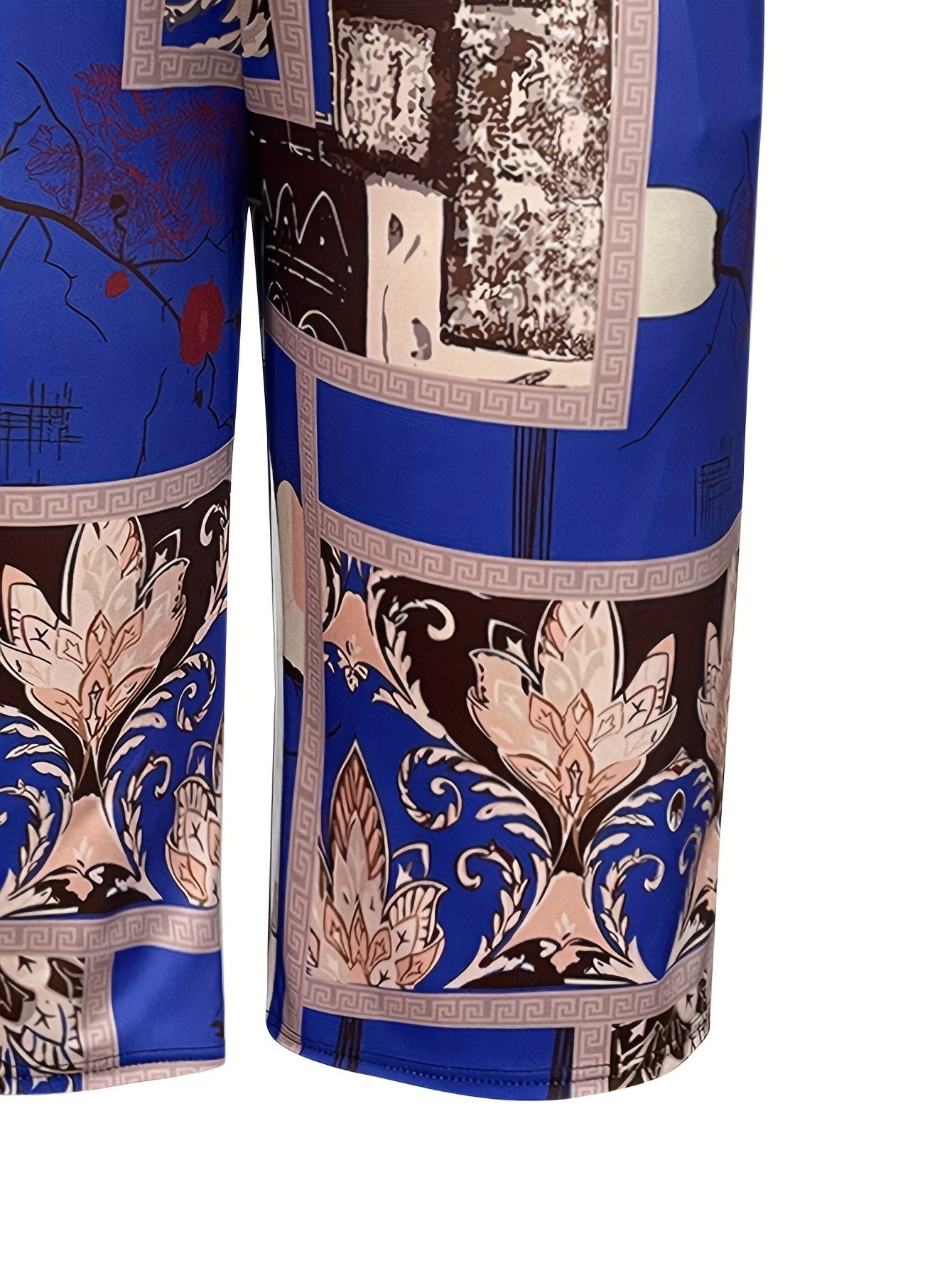 Women's Tropical Print Bermuda Shorts High-Waisted Pockets Blue & Gold