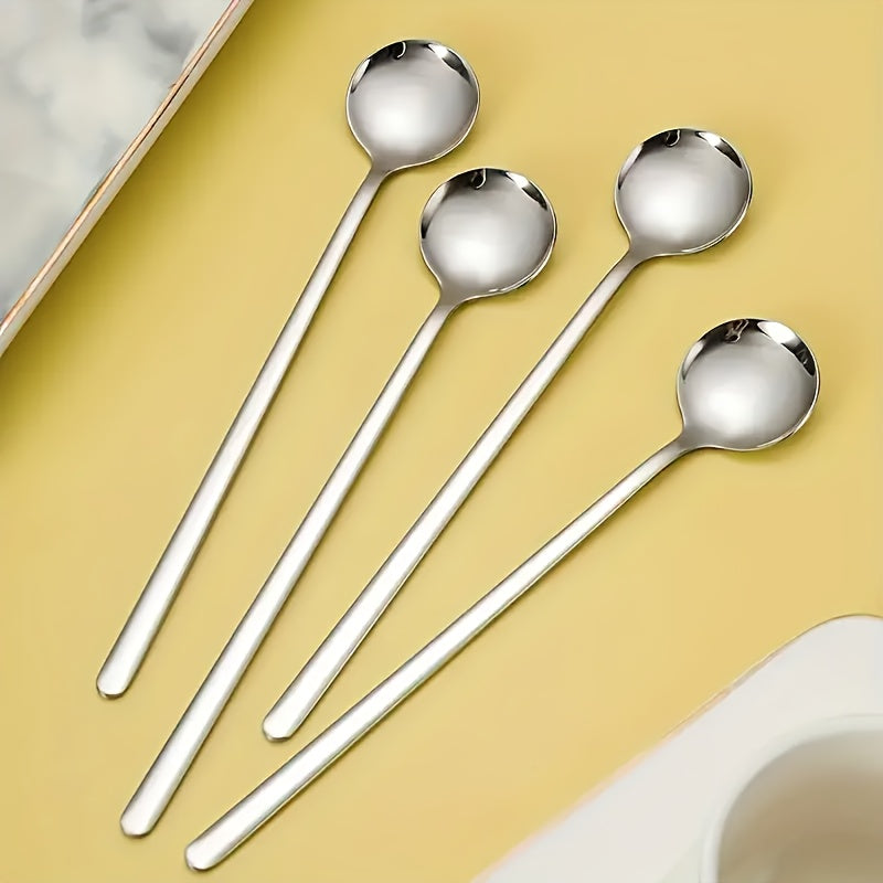 Set of 4 Silver Stainless Steel Coffee Spoons with Long Handles