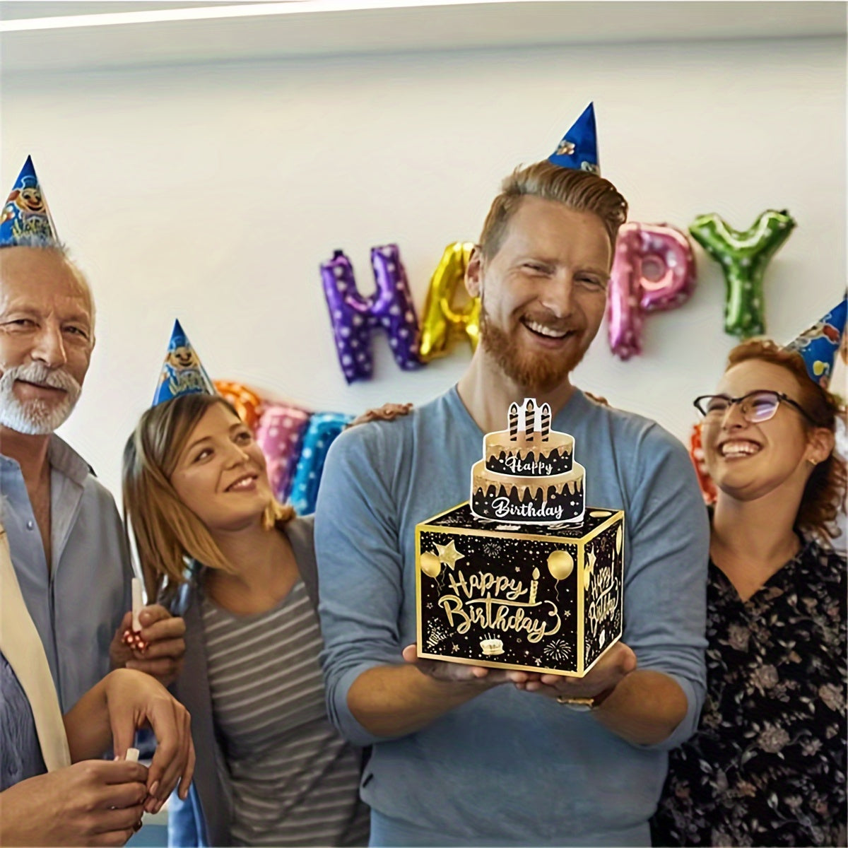 Caja de regalo extraíble para dinero de cumpleaños en negro y dorado con tarjeta de pastel para celebraciones