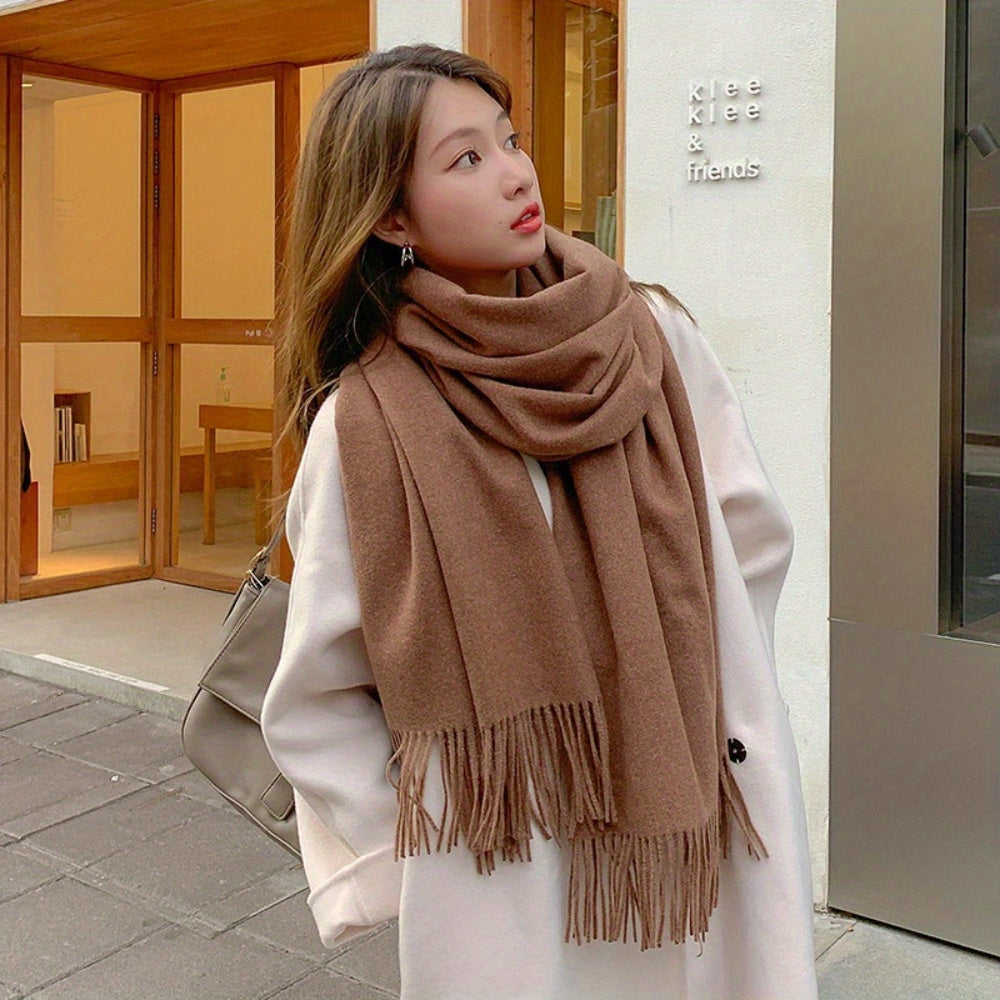 Women Black Tassel Shawl Scarf Thick Plush Wool Feel Double-Sided Cashmere Autumn Winter