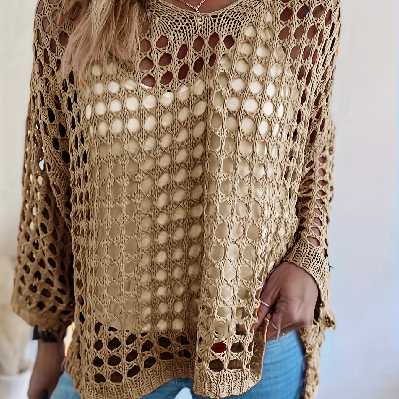 Plus o'lcham ayollar uchun kroşe tığ işi qovg‘a ustki uzun qolli V-shakl bo'yinli yashil