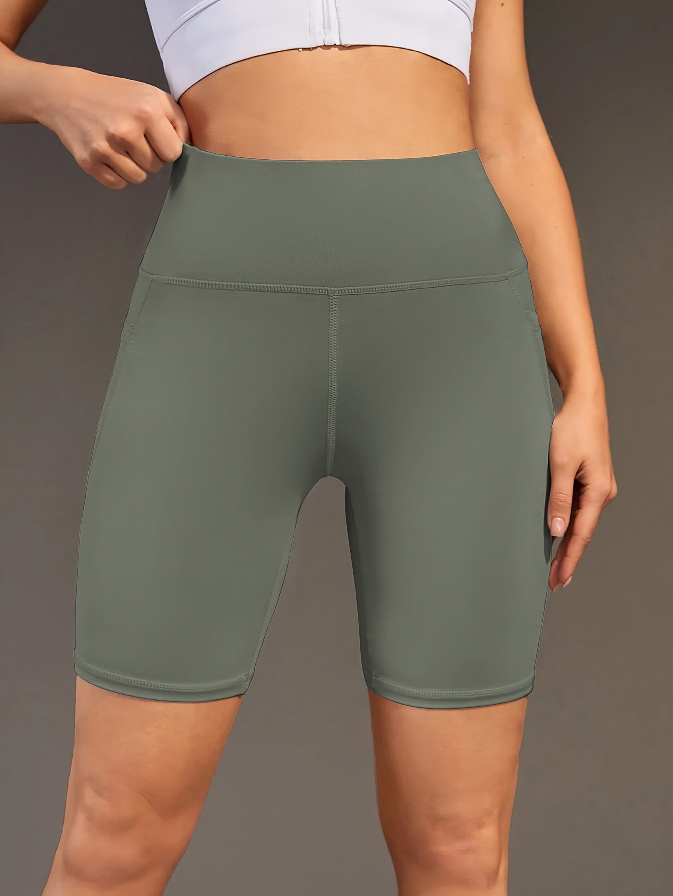 Ayollar uchun yoga shortlari, yuqori bel, cho'ntaklar, elastik to'qima, teal rang, fitnes, kundalik foydalanish