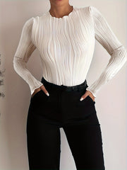 Women's Textured Frill Neck Long Sleeve T-Shirt for Spring Fall