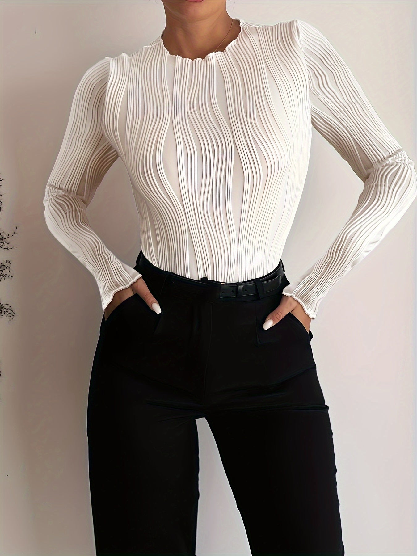 Women's Textured Frill Neck Long Sleeve T-Shirt for Spring Fall
