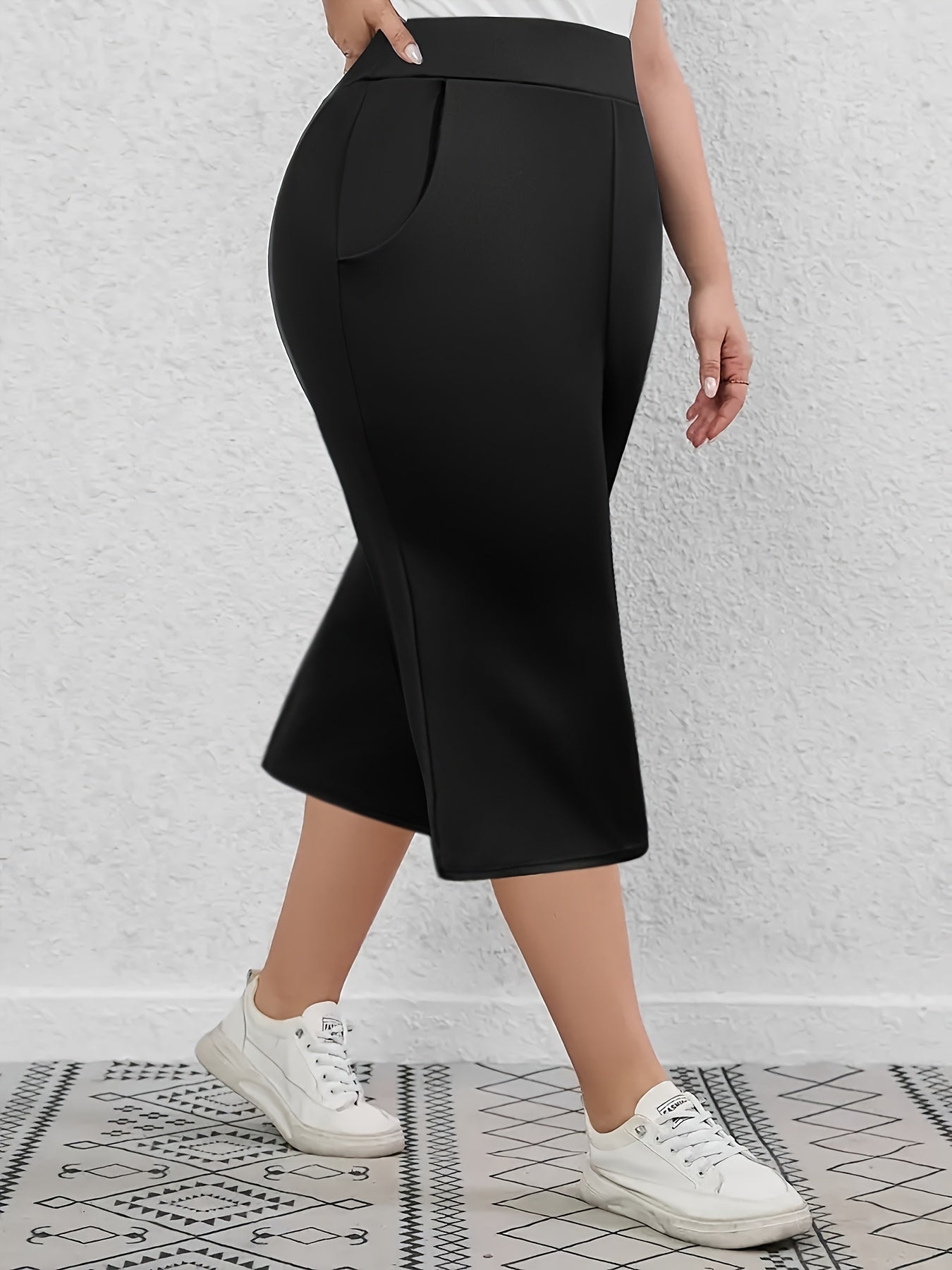 Plus Size Stretchy Black 3/4 Sleeve Straight Leg Pants Casual Wear