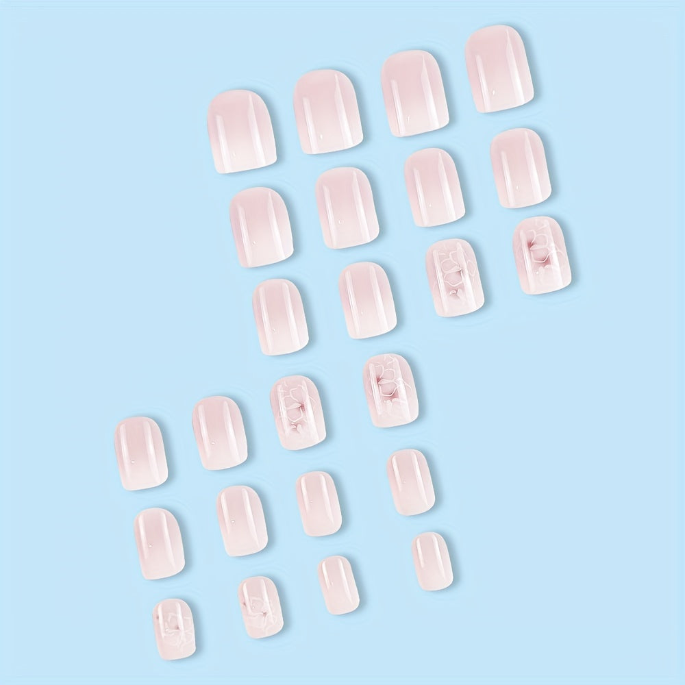 Women Short Square Fake Nails Glossy White Pink Gradient Flower Design 24pcs