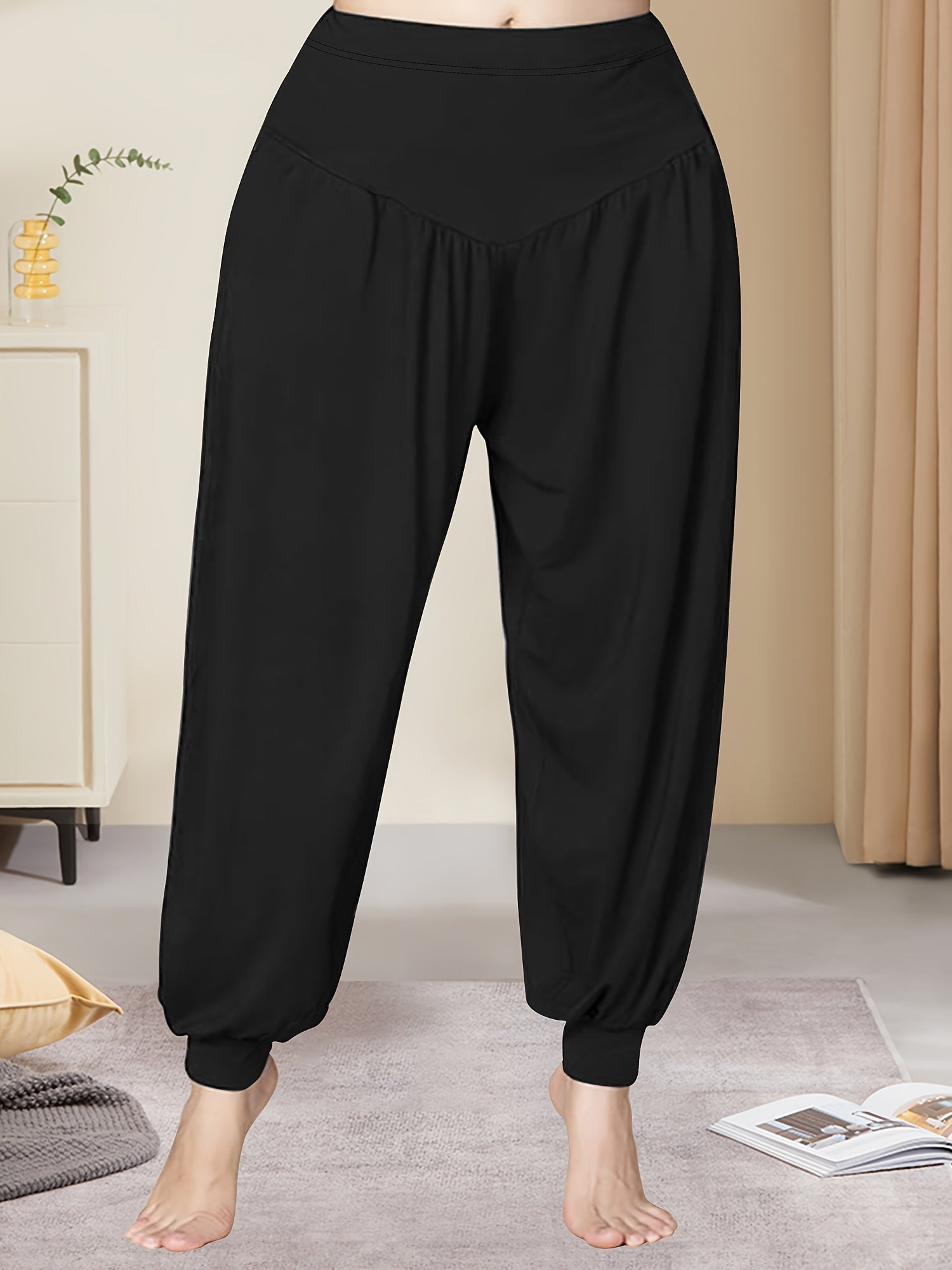 Штаны-лаборатории с высокой талией для женщин plus size из темно-синего эластичного полиэстера с широкими штанинами