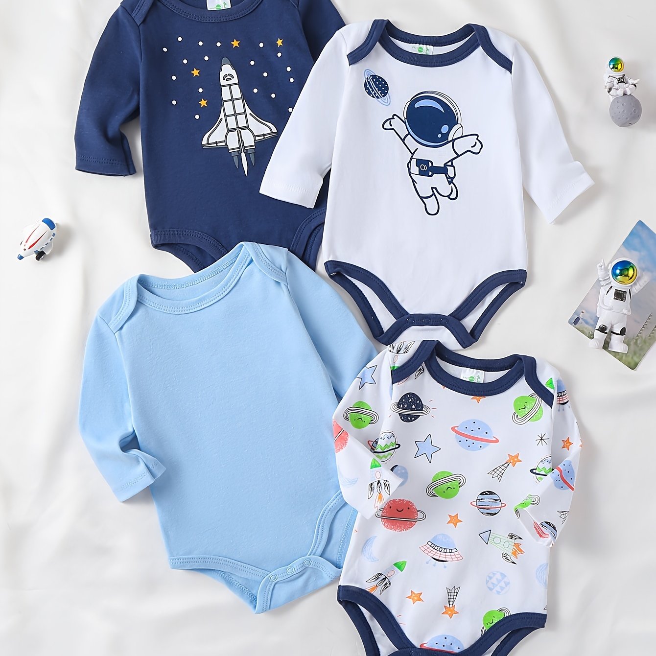 Boys 4-Pack Long Sleeve Cotton Onesies with Astronaut and Space Patterns for Fall Winter