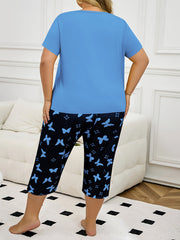 Women's Butterfly Print Short Sleeve Pajama Set with Capri Pants Polyester Knit Fabric