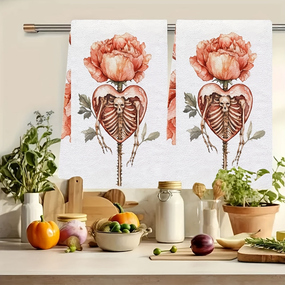 Set of 2 Ultra Soft Kitchen Towels Valentine’s Skeleton Heart Floral Absorbent