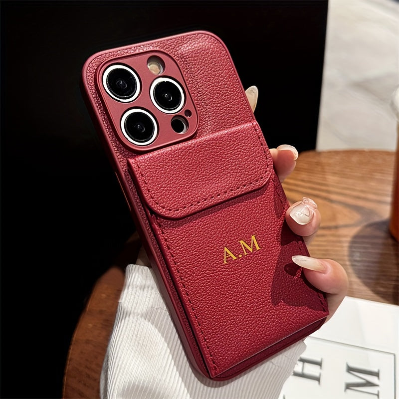Golden Letter Faux Leather Phone Case for iPhone with Card Slot Shockproof Back Cover