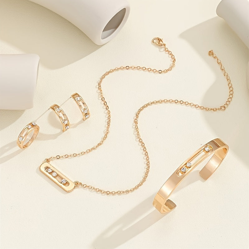 Boho Chic Jewelry Set for Women Vintage Necklace Earrings Bangle Ring Rhinestones