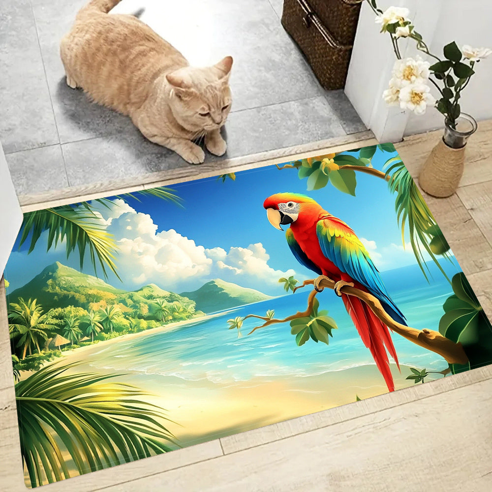 "Yorqin Parrot va Tropik Manzara bilan Ta'minlangan Oshxona Mat - Qalin, Sirpanmaydigan, Singdiruvchi, Dog' va Kiymaga Qarshi Polyesterdan Yasalgan - Oshxona, Yashash Xonasi, Porch, Balkon Dekoratsiyasi yoki Oshxona Dekoratsiyasi uchun Mukammal"