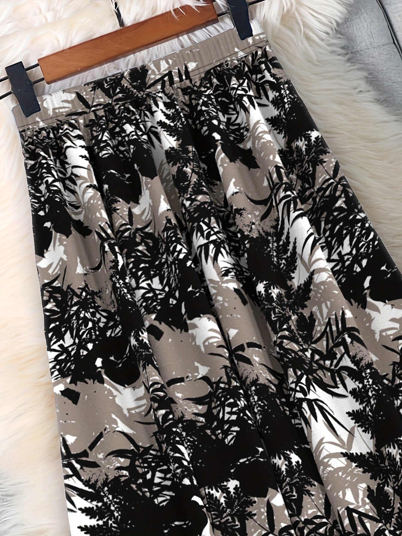 Plus Size Leaves Print Skirt Casual Elastic Waist Spring Summer Women's Clothing