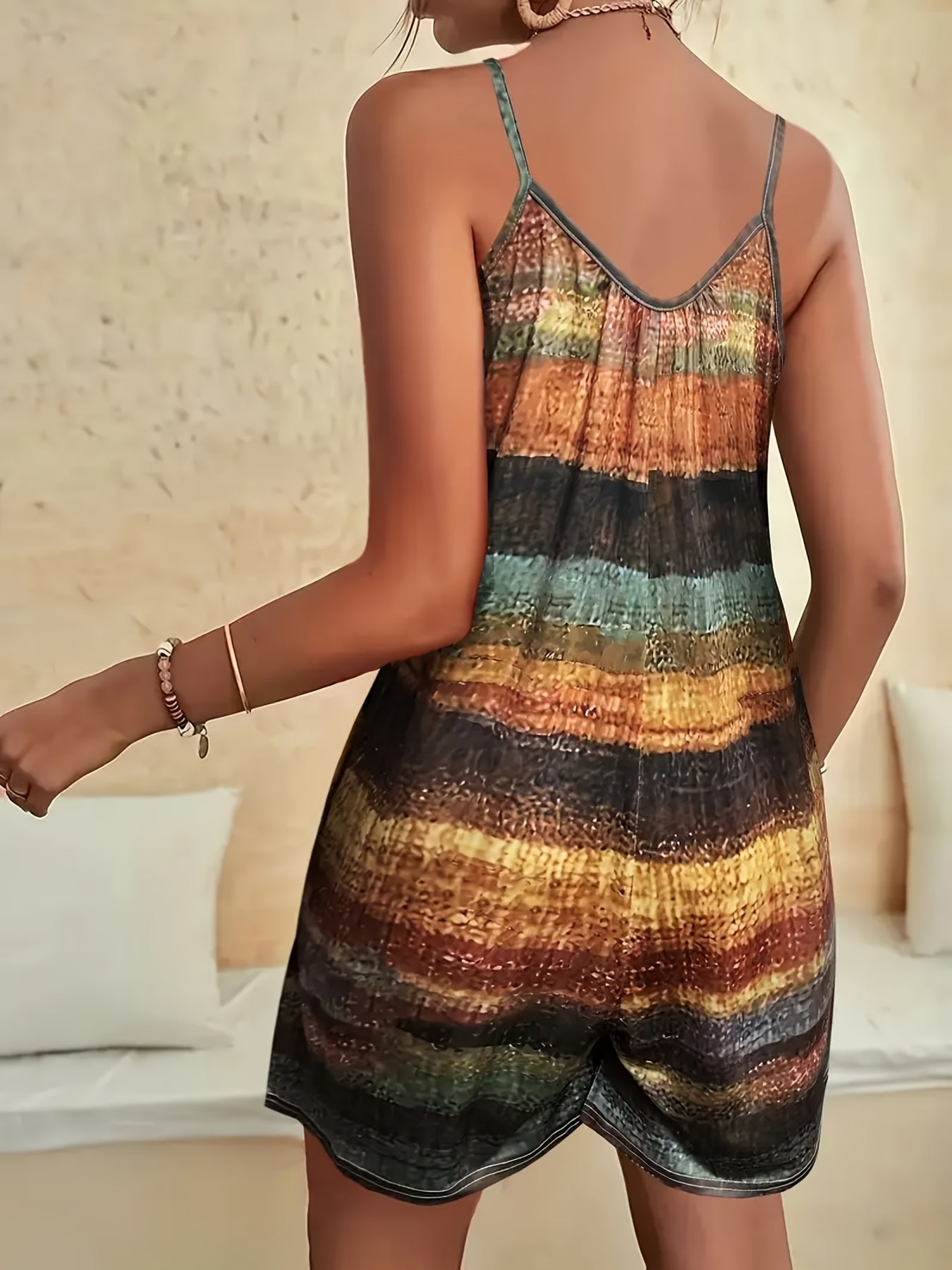 Women's Sleeveless Jumpsuit with Pockets, Striped Print, Lightweight Polyester