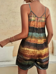 Women's Sleeveless Jumpsuit with Pockets, Striped Print, Lightweight Polyester