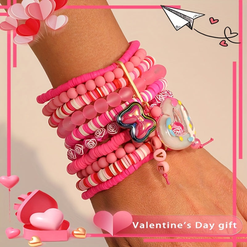 Pink Resin Beaded Bracelet with Heart and Butterfly Charms for Women