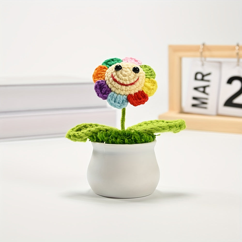 Crochet Sunflower Bonsai Decor with Smiling Face for Home Office Gift