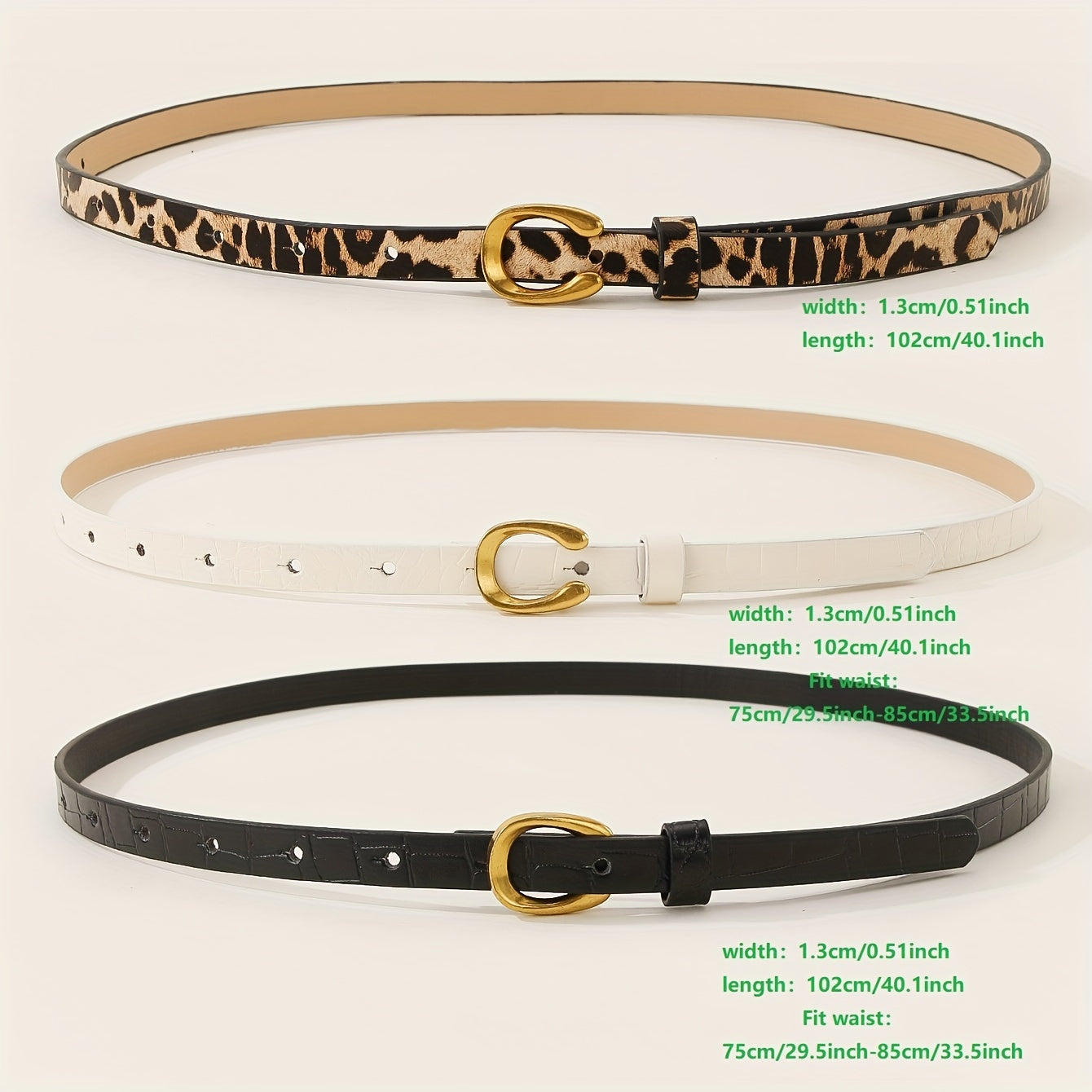 Set of 3 Leopard and Letter Print Women's Belts with U-Shaped Alloy Buckle