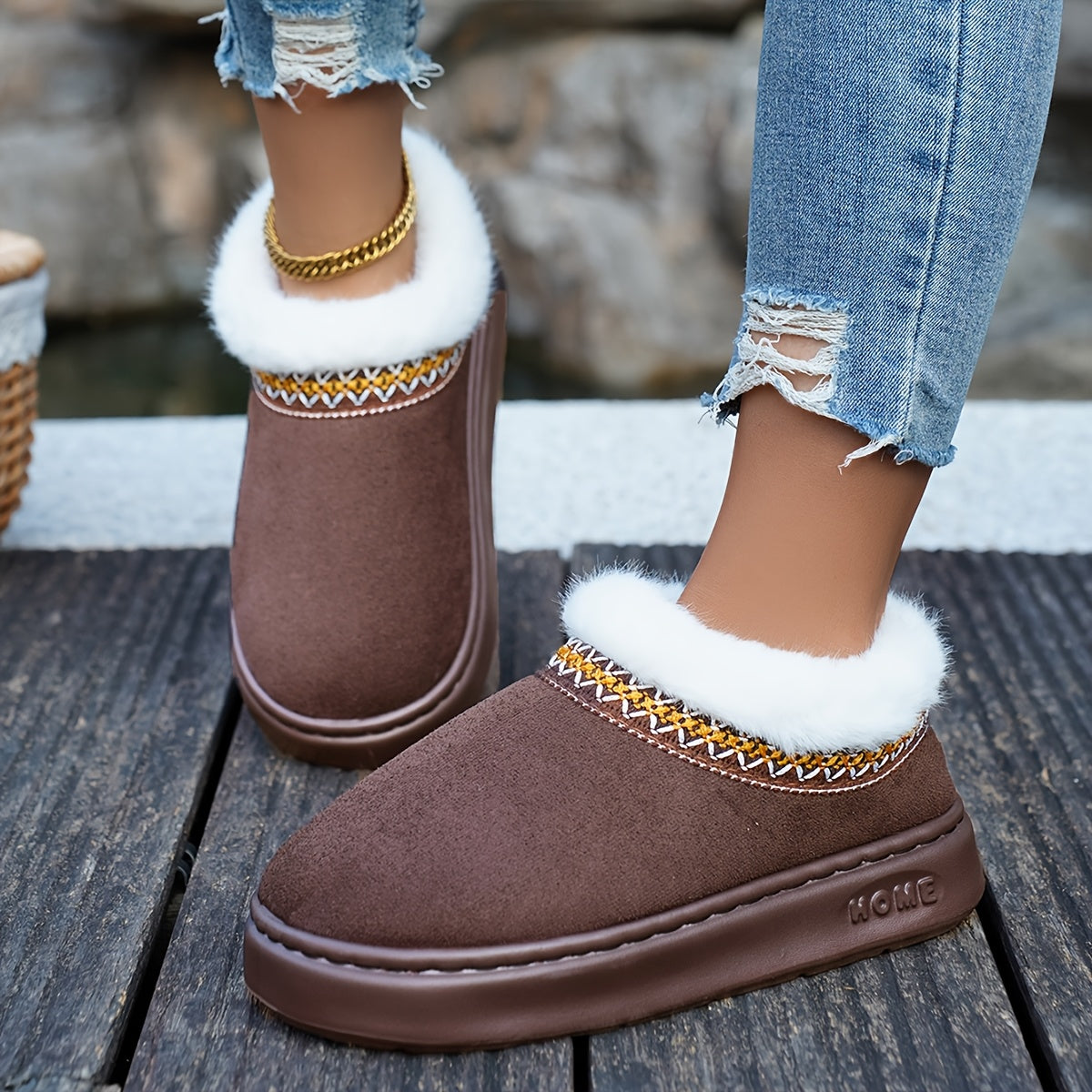 Women Cozy Fleece Lined Slippers Warm Brown Indoor Slip-Ons