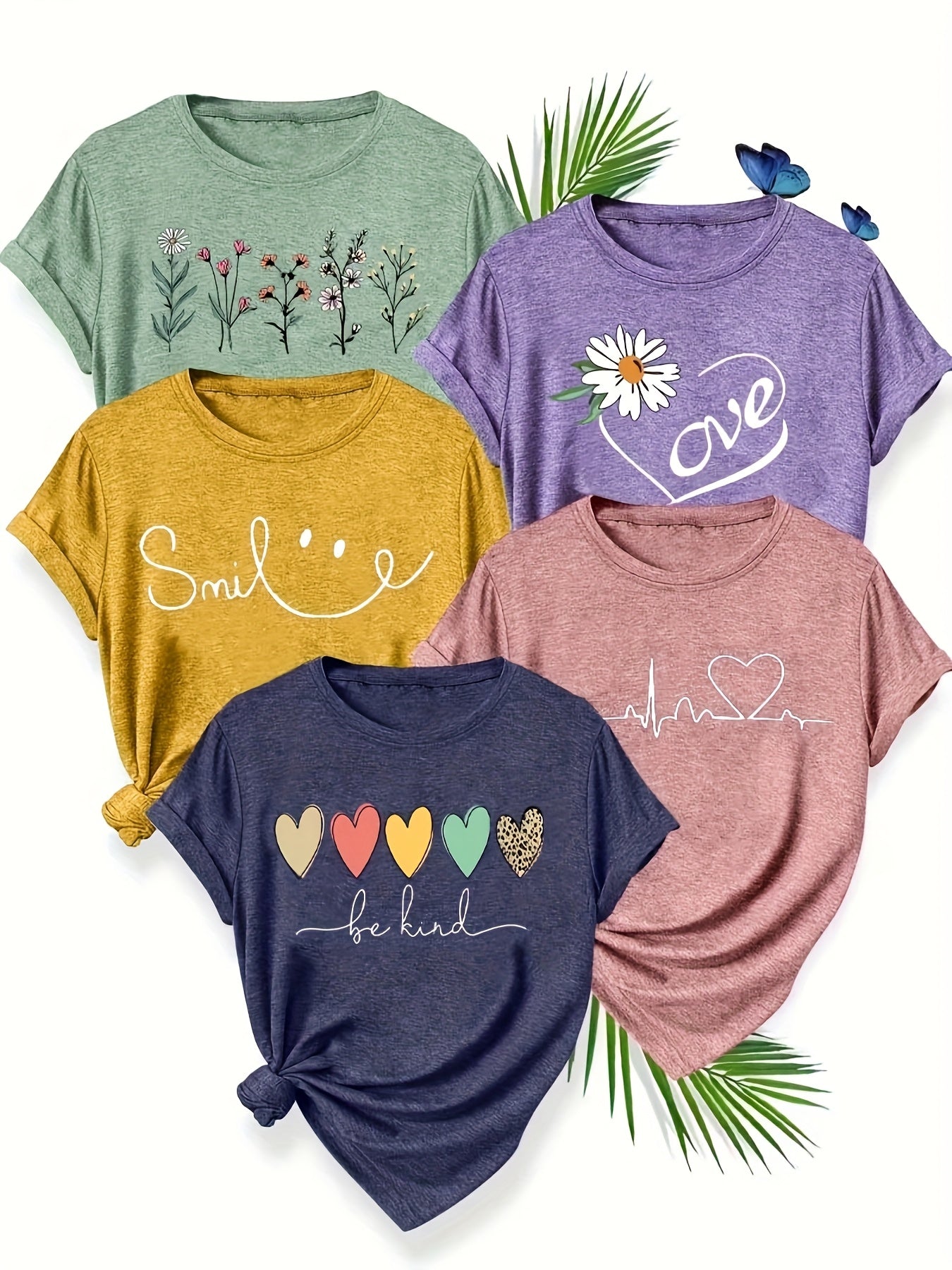 Women’s Cotton Casual T-Shirts, Floral & Butterfly Prints, Short Sleeve, Pack of 5