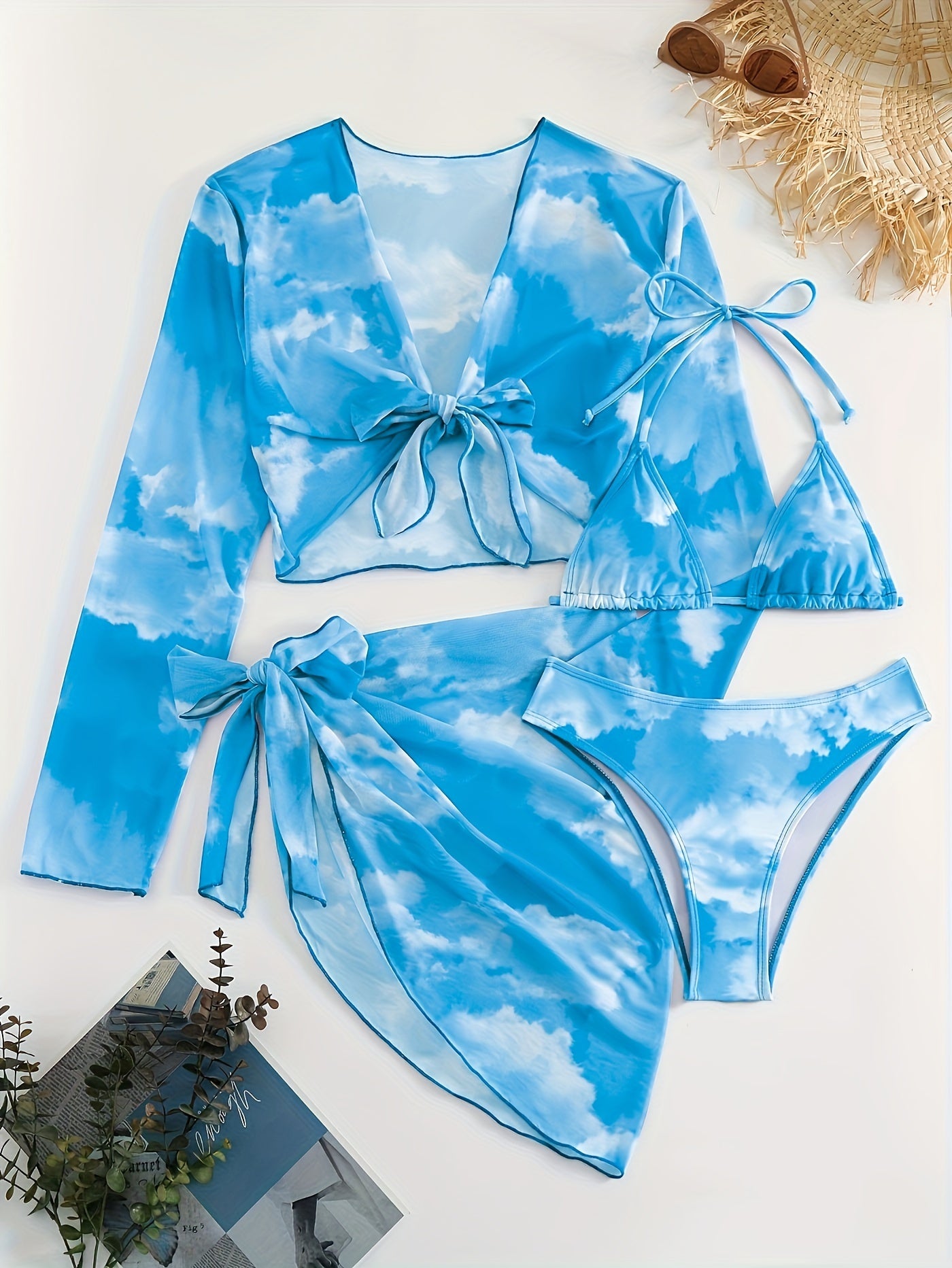 Four-Piece Beach Cover-Up Mesh Wrap Skirt with Halter Neck Bikini and Printed Design