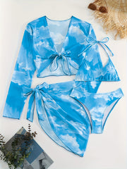 Four-Piece Beach Cover-Up Mesh Wrap Skirt with Halter Neck Bikini and Printed Design