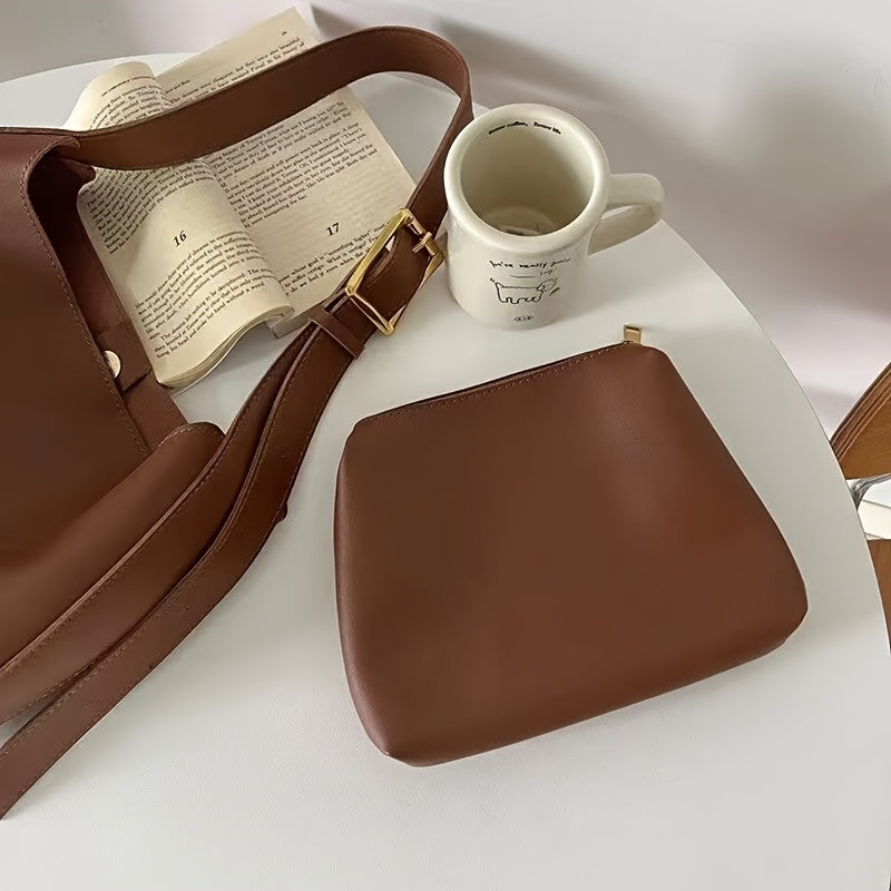 Large Capacity Black PU Tote Bag with Inner Pouch for Women