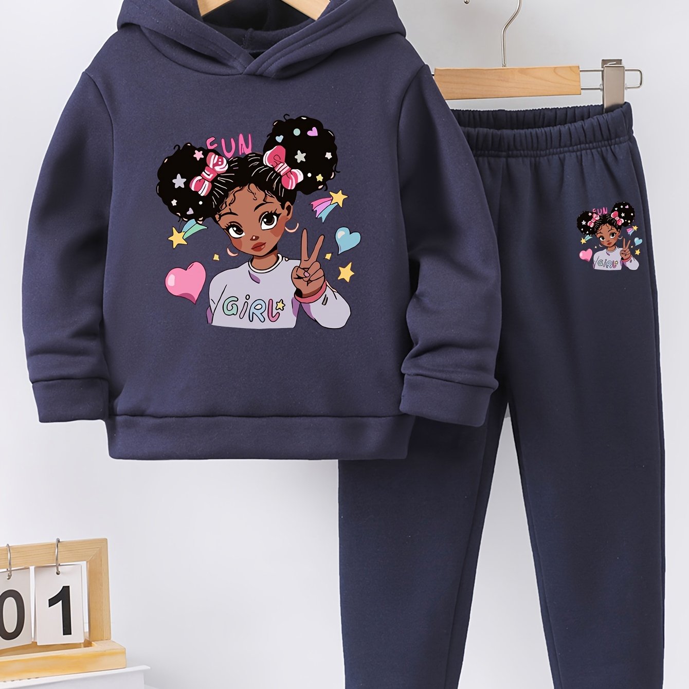 Girls' Fleece-Lined Autumn Winter Hoodies and Sports Pants with Printed Patterns