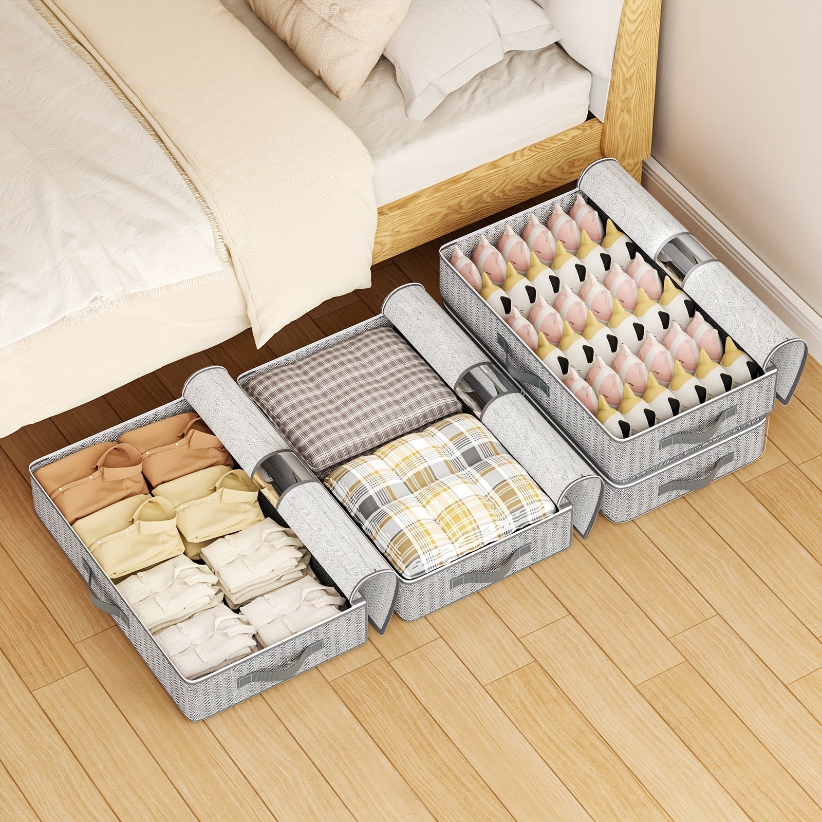 Bolsa de almacenamiento plegable gris de fibra no tejida con gran capacidad y ventana transparente para ropa y organización del hogar