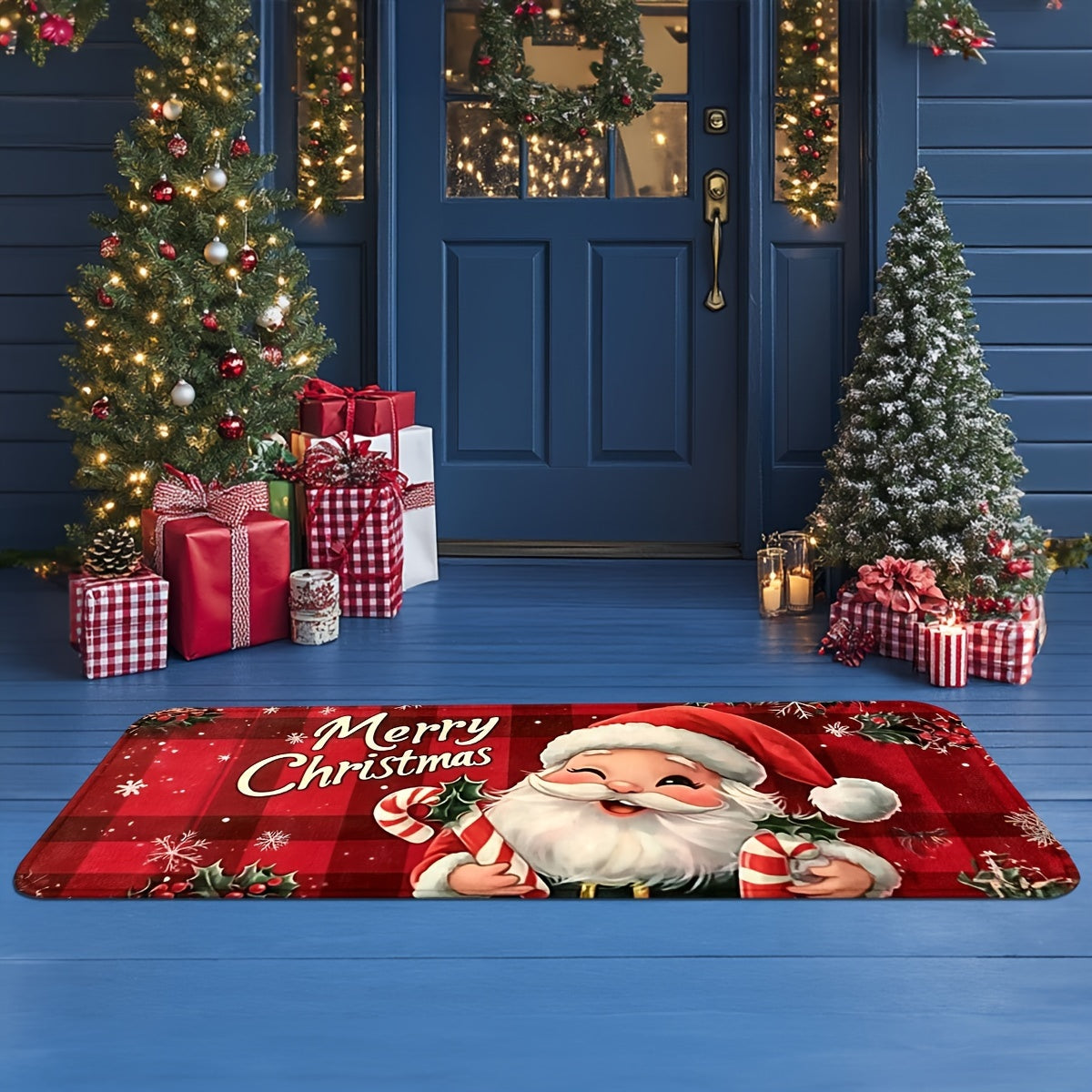 Felpudo de Santa Claus rojo antideslizante lavable a máquina decoración navideña para sala de estar cocina