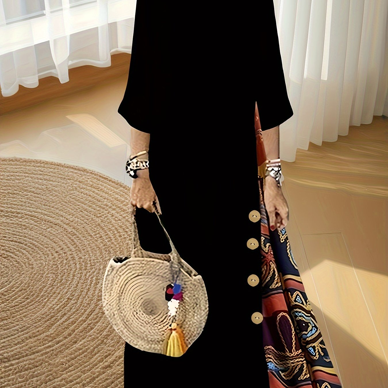 Women's Color Block Long Sleeve Dress with Crew Neck and Button Details for Fall Winter Spring