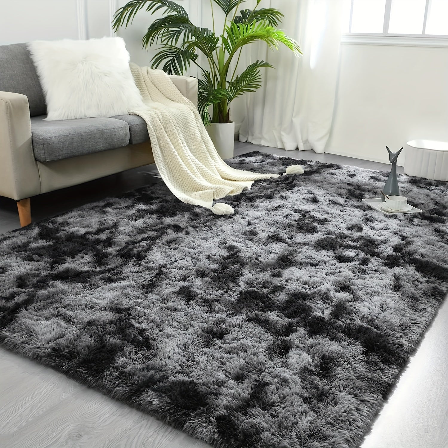 Rectangle Shag Plush Rug Dark Gray Tie-Dye Non-Slip Area Rug for Living Room Bedroom
