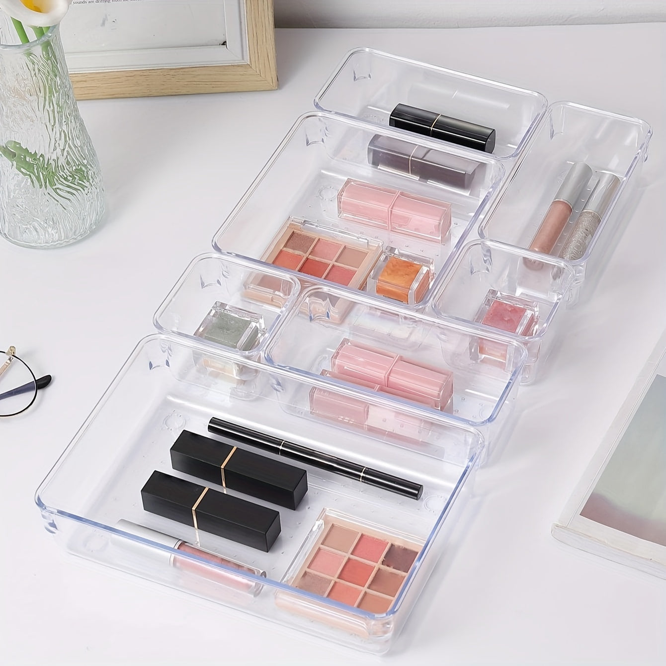 7-Piece Cosmetic Storage Box with Drawer Dividers for Organizing Makeup and Sundries