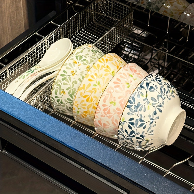 Set of 4 Ceramic Bowls with Floral Patterns, Dishwasher Safe, Oven and Microwave Safe